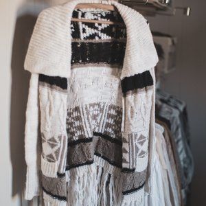 Cozy Knit Cardigan Sweater With Tribal Pattern & Fringe